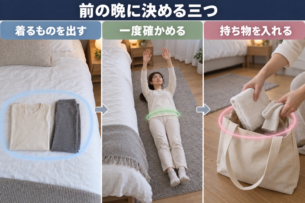前の晩に決めておく3つ。着ていく服、持っていくもの、入る位置