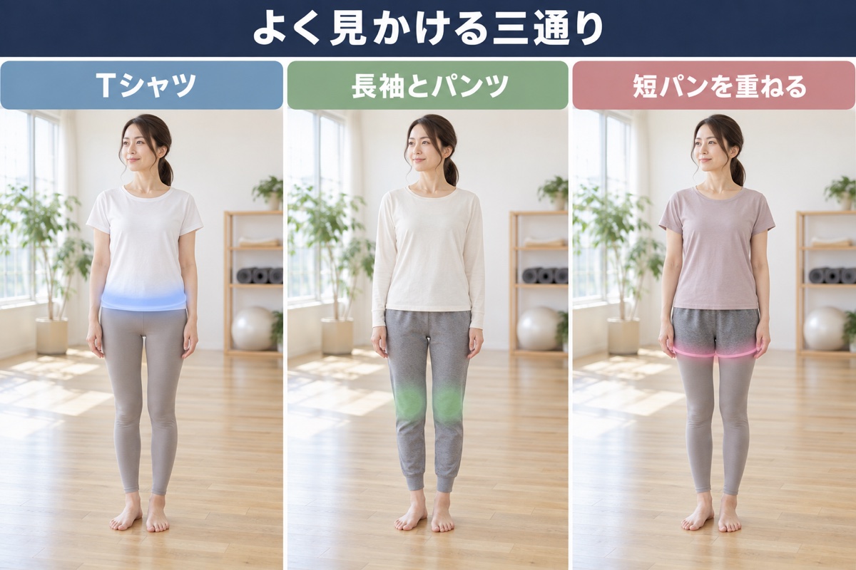 動きやすい3通りの服装例。Tシャツにレギンス、長袖に細身のパンツ、レギンスに短パンを重ねた形