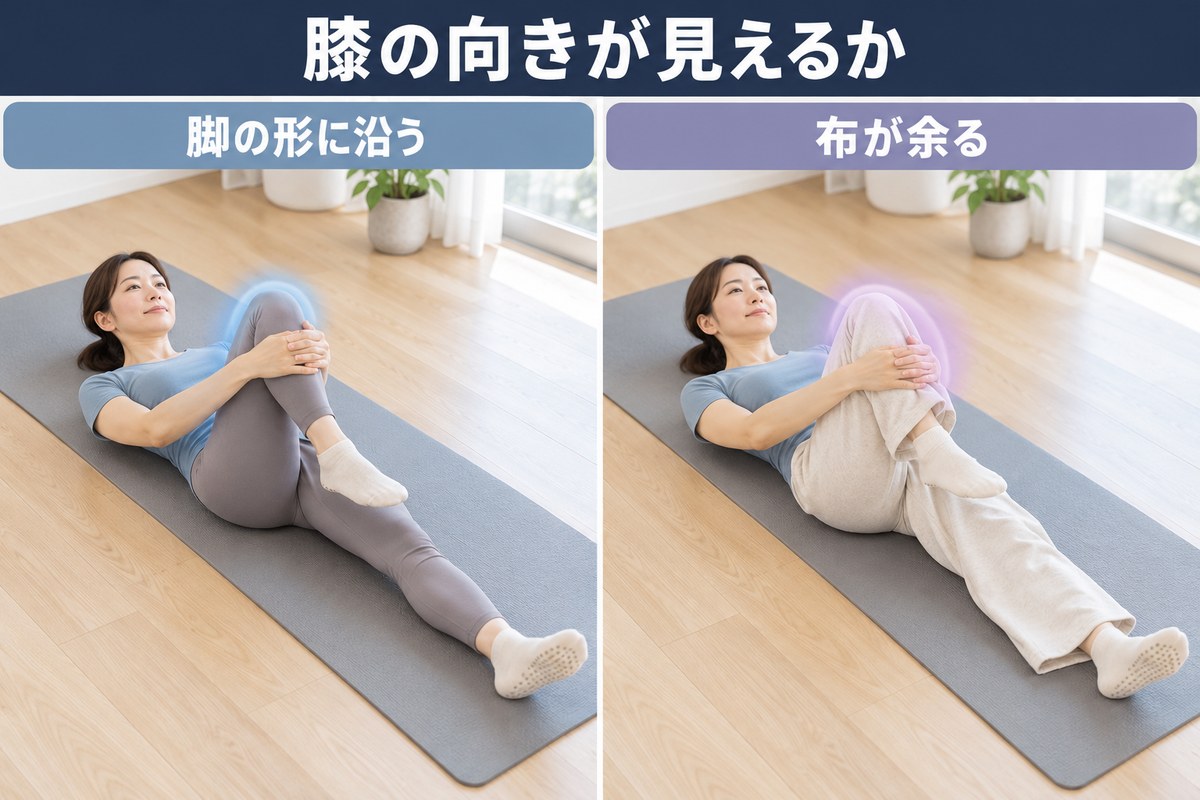 ボトムスの違い。脚の形に沿って膝の向きが見える形と、布が余って見えない形