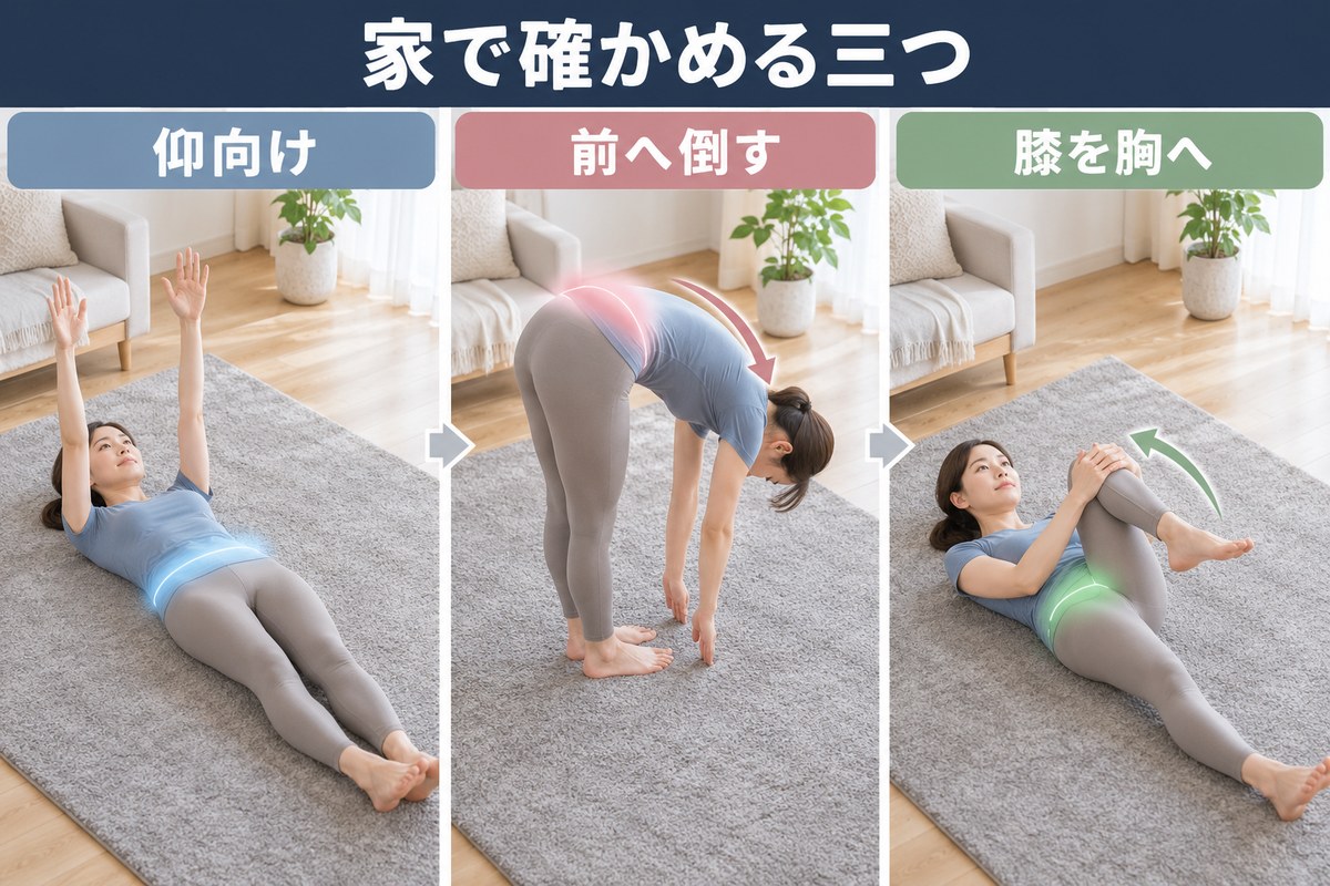 手持ちの服を確かめる3つの動き。仰向けになる、前へ体を倒す、膝を胸に引き寄せる