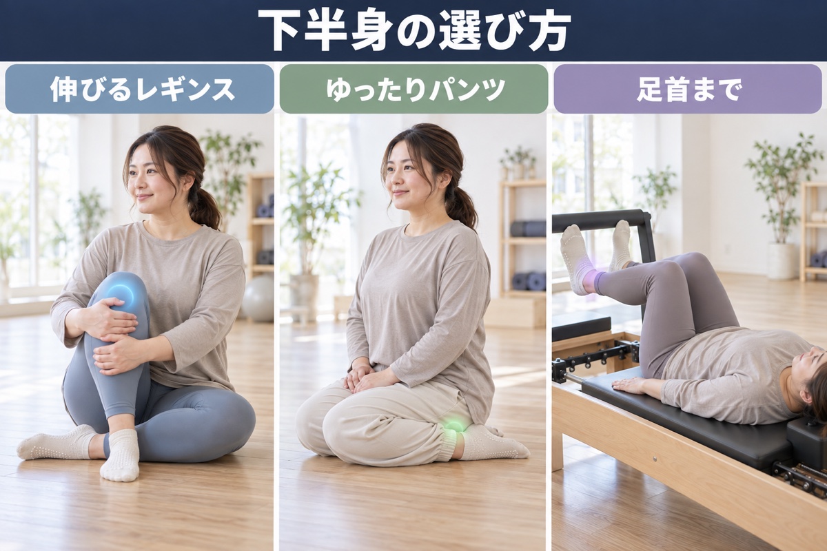 下半身の選び方。伸びる素材のレギンス、ゆったりしたジョガーパンツ、丈の長いレギンス