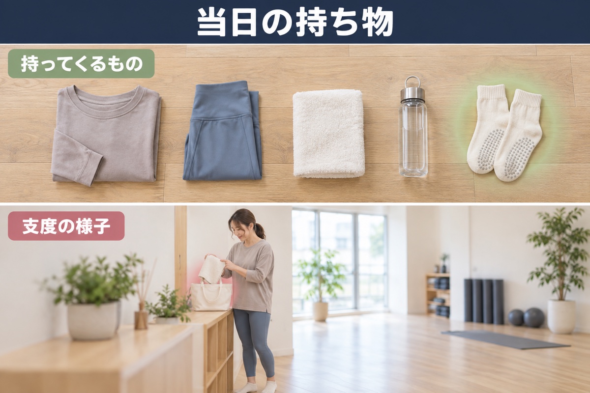 当日の持ち物。動ける服装一式、タオル、飲み物、滑り止めつきの靴下