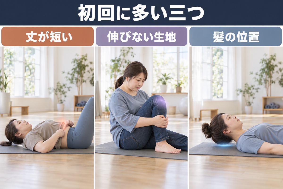 初回にありがちな3つ。丈が短い、生地が伸びない、髪を後頭部でまとめている