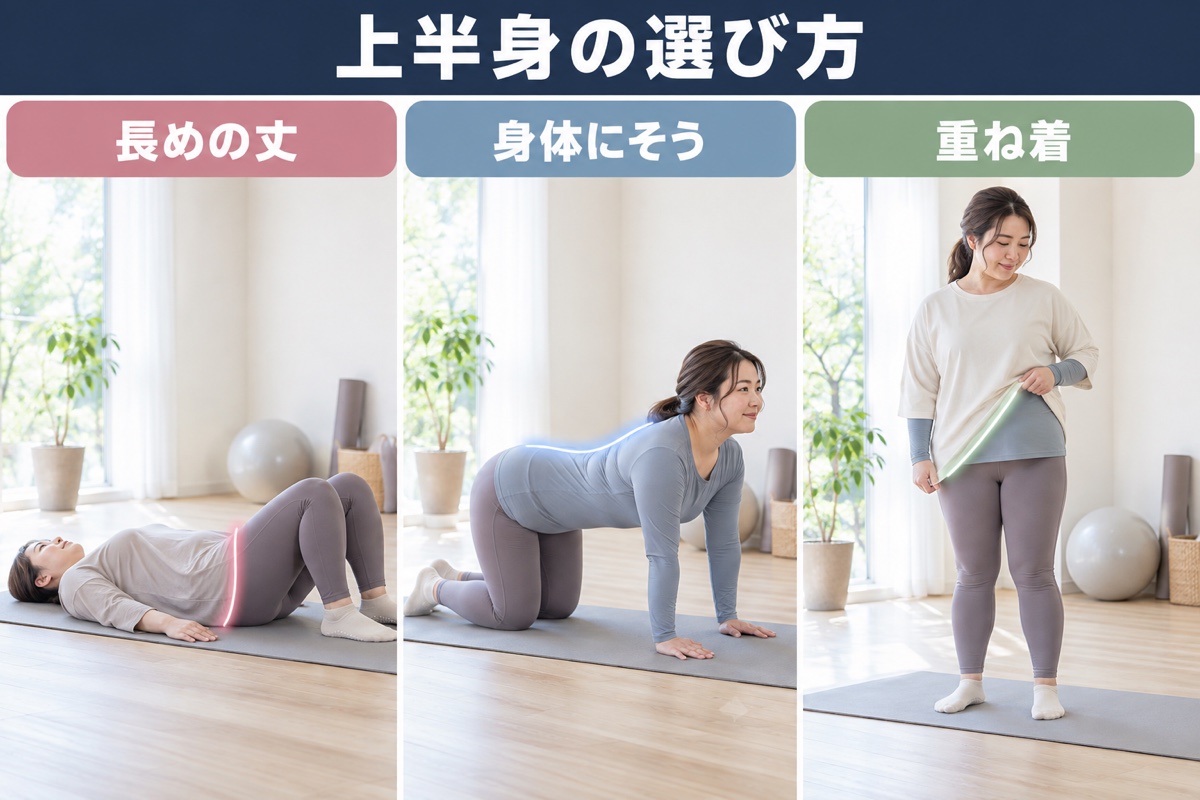 上半身の選び方。丈が長めのトップス、身体にそう長袖、重ね着の3つ