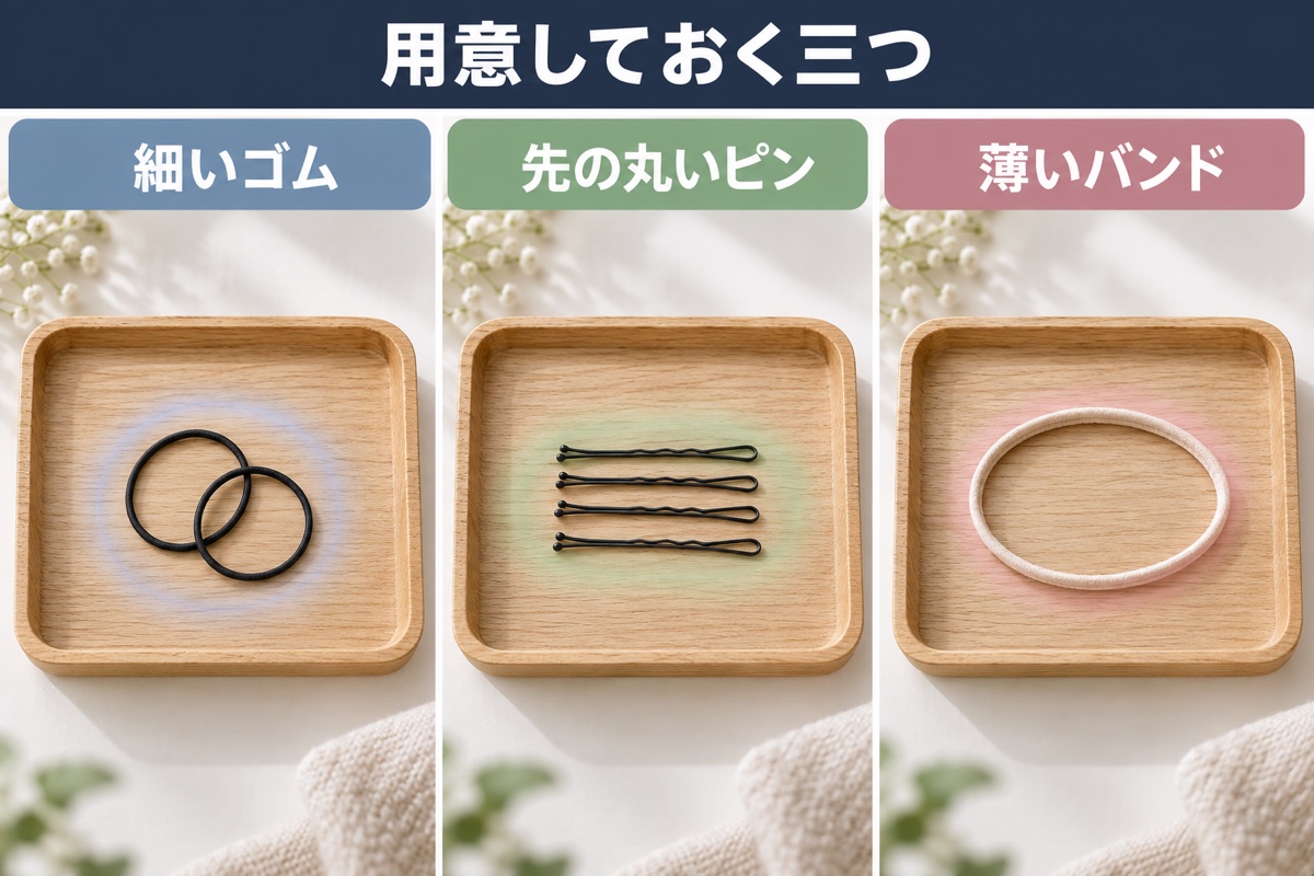 用意しておく3つの道具。細いゴム、先の丸いピン、薄いヘアバンド