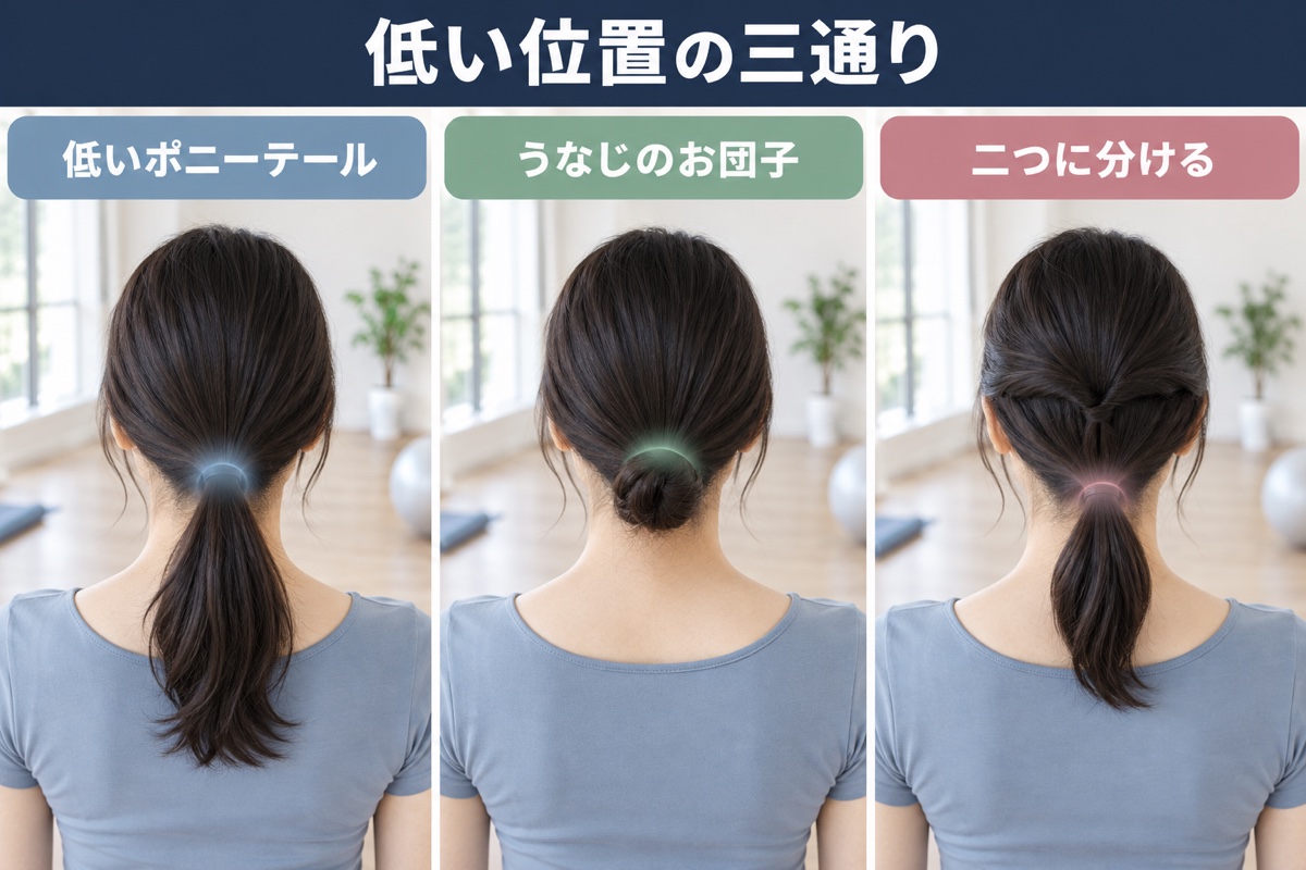 3つのまとめ方。低い位置のポニーテール、うなじのお団子、ハーフアップ