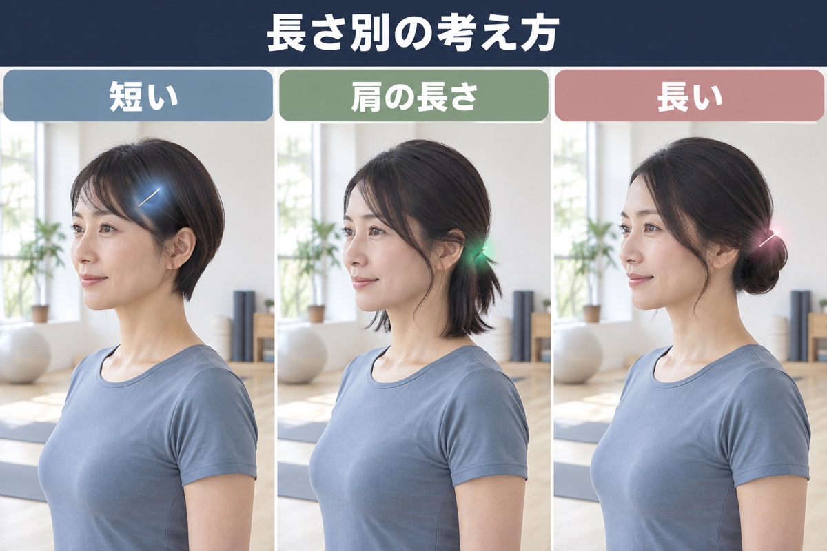 長さ別のまとめ方。ショートは前だけ留める、ボブは低い位置で束ねる、長い髪はうなじでまとめる