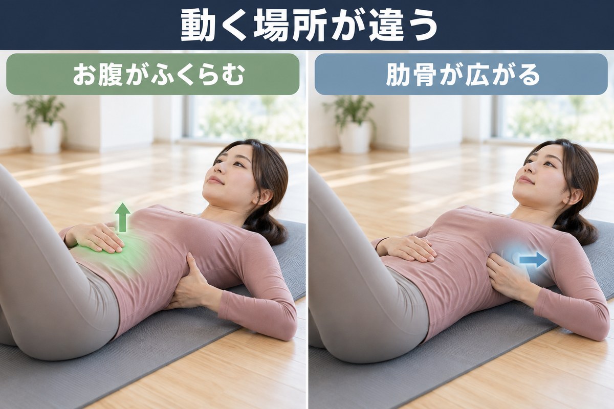 腹式呼吸と胸式呼吸で、ふくらむ場所が違うことの対比