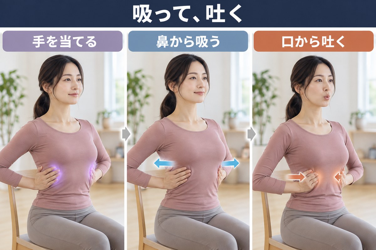 吸うときと吐くときの、肋骨と下腹の動き