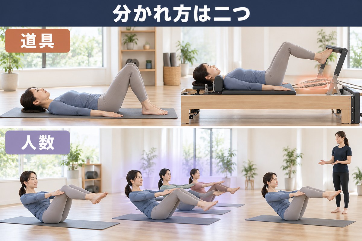 ピラティスの種類が分かれる2つの軸。道具の軸と人数の軸