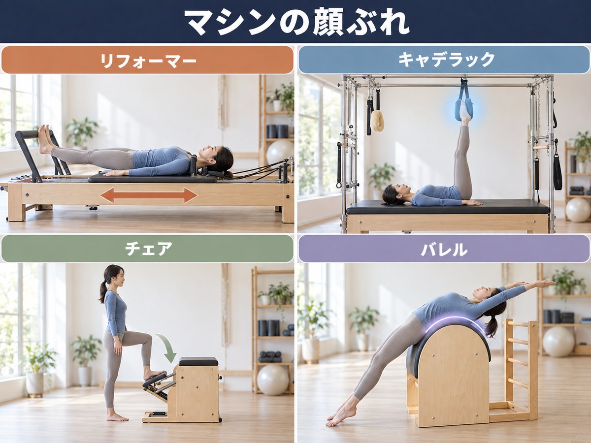 ピラティスで使う4種類のマシン。リフォーマー、キャデラック、チェア、バレル